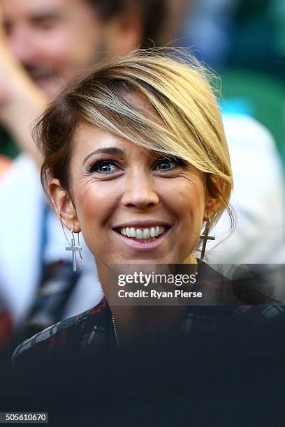 Bec Hewitt, wife of Lleyton Hewitt of Australia watches his first round match against James Duckworth of Australia during day two of the 2016...