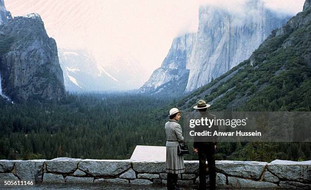 Queen Elizabeth ll looks at the views at Inspiration Point in the Yosemite National Park during a Tour of the USA on March 05 1983 in Yosemite,...