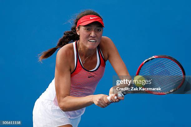 Samantha Crawford of the United States plays a backhand in her first round match against Danka Kovinic of Montenegro during day two of the 2016...