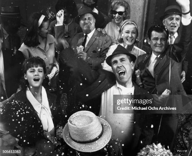 Barbara Harris and Jason Robards celebrate in a scene from the movie "A Thousand Clowns", circa 1965.