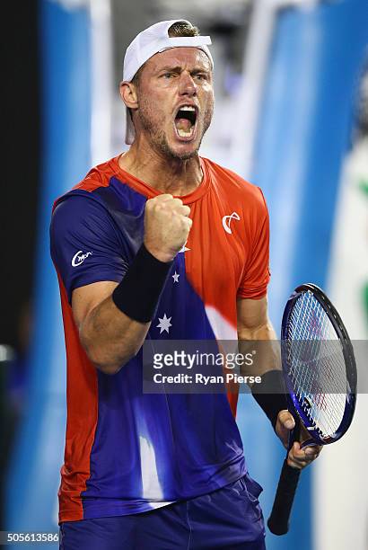 Lleyton Hewitt of Australia celebrates a point in his first round match against James Duckworth of Australia during day two of the 2016 Australian...