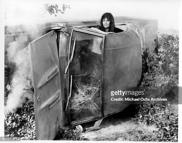 Shelley Fabares looks for help after a car crash in a scene from the movie "A Time to Sing", circa 1968.