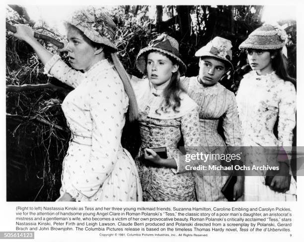 Carolyn Pickles, Caroline Embling, Suzanna Hamilton and Nastassja Kinski vie of boys attention in a scene from the movie "Tess", circa 1979.