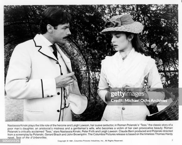 Leigh Lawson and Nastassja Kinski talk in a scene from the movie "Tess", circa 1979.