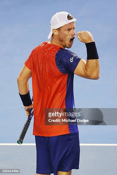 Lleyton Hewitt of Australia celebrates a point in his first round match against James Duckworth during day two of the 2016 Australian Open at...