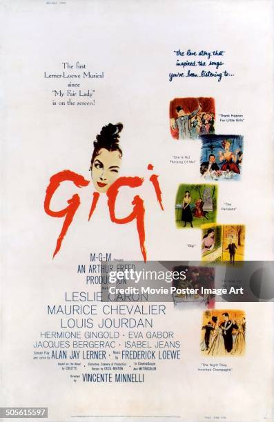 Poster for Vincente Minnelli's 1958 comedy 'Gigi' starring Leslie Caron, Maurice Chevalier, and Louis Jourdan.