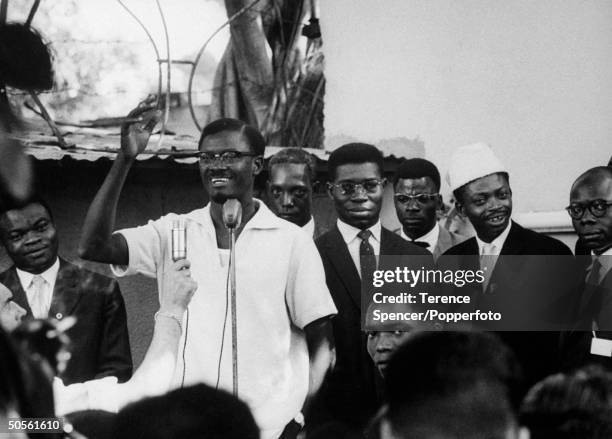 Patrice Lumumba speaking at political rally at time of Independence.