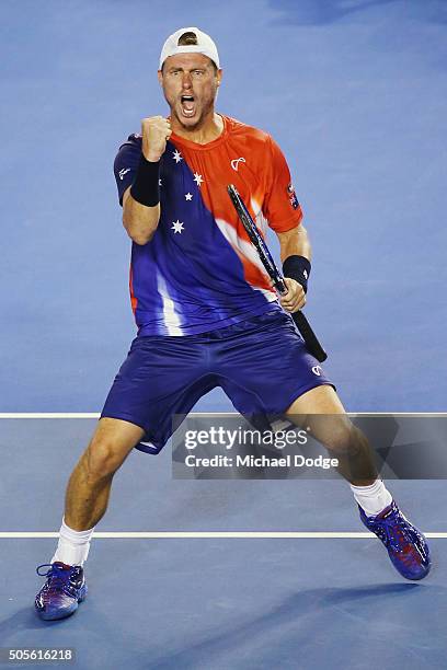 Lleyton Hewitt of Australia celebrates winning the second set in his first round match against James Duckworth during day two of the 2016 Australian...