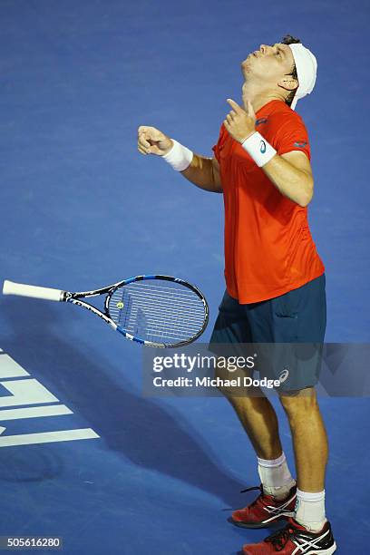 James Duckworth of Australia reacts after losing a point in his first round match against Lleyton Hewitt of Australia during day two of the 2016...