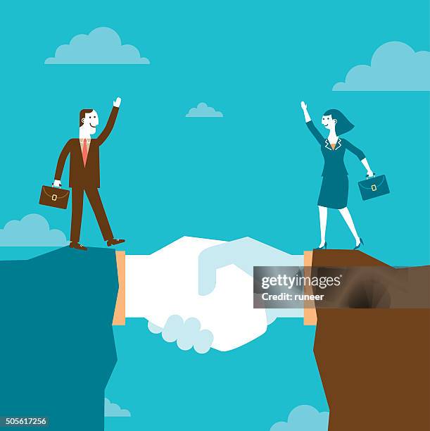 businessman and businesswoman on giant handshake mountain | new business - executive sponsorship stock illustrations