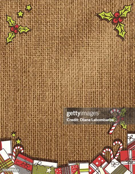 stockillustraties, clipart, cartoons en iconen met holiday burlap background template with gifts - jute