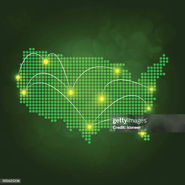 stockillustraties, clipart, cartoons en iconen met dotted usa map with lights connected on green background - photopollution