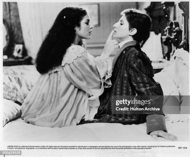 Amy Irving and Barbra Streisand in a touching scene in the movie "Yentl" circa 1983.