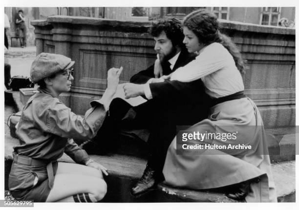 Barbra Streisand directs Mandy Patinkin and Amy Irving in a scene in the movie "Yentl" circa 1983.