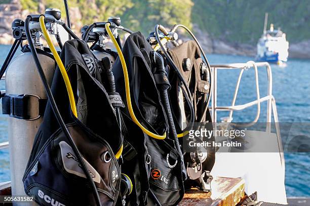 Diving jackets on a Liverboat on January 04, 2015 in Similan Islands, Thailand.