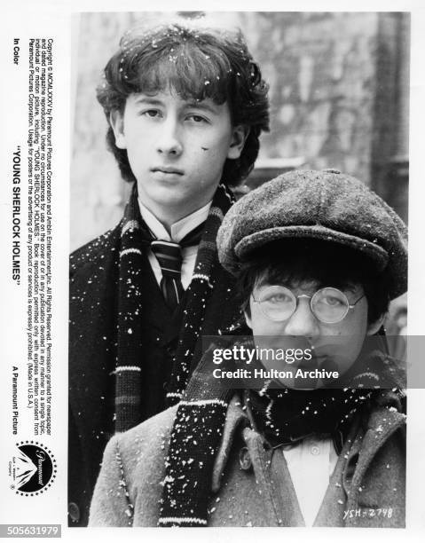 Nicholas Rowe and Alan Cox pose for the Paramount Pictures movie "Young Sherlock Holmes" circa 1985.