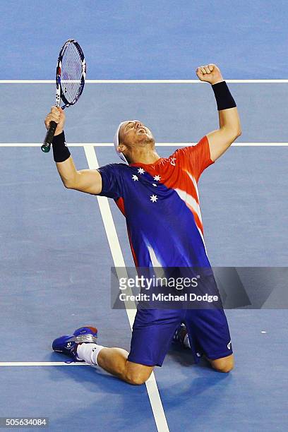 Lleyton Hewitt of Australia celebrates winning in his first round match against James Duckworth during day two of the 2016 Australian Open at...