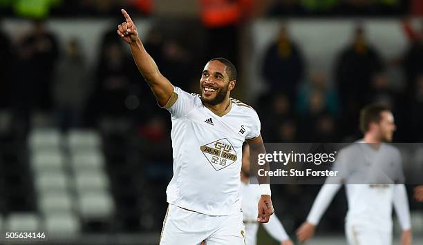 Swansea player Ashley Williams celebrates his goal during the Barclays Premier League match between Swansea City and Watford at Liberty Stadium on...