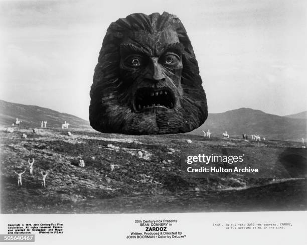 The giant flying stone head, Zardoz in a scene from John Boorman's 1974 science fiction fantasy film of the same name.