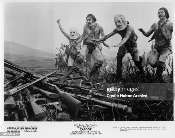 Exterminators worship the God Zardoz in a scene from the 20th Century Fox movie "Zardoz" circa 1974.