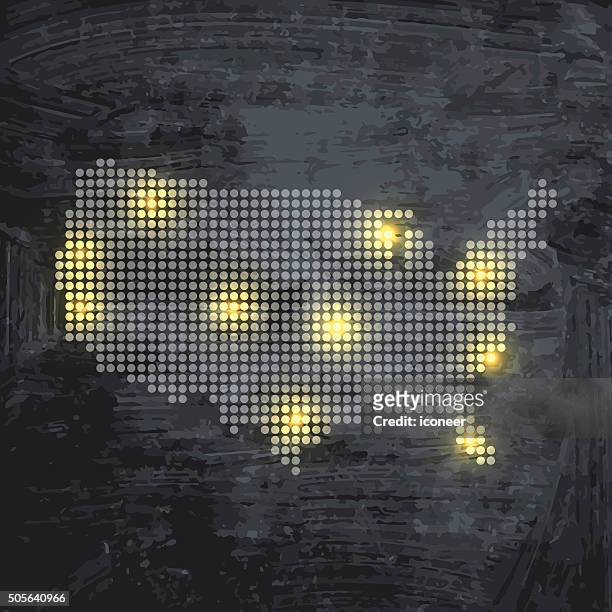 ilustraciones, imágenes clip art, dibujos animados e iconos de stock de salpicado usa mapa con luces sobre fondo oscuro chalkboard - photopollution