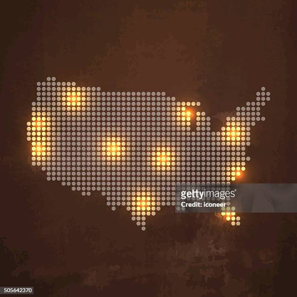 dotted usa map with lights on dark rusty metal background - photopollution stock illustrations