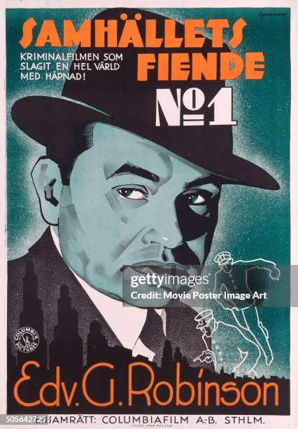 Actor Edward G. Robinson features on a Swedish poster for the Columbia Pictures movie 'The Whole Town's Talking', aka 'Passport to Fame', titled...