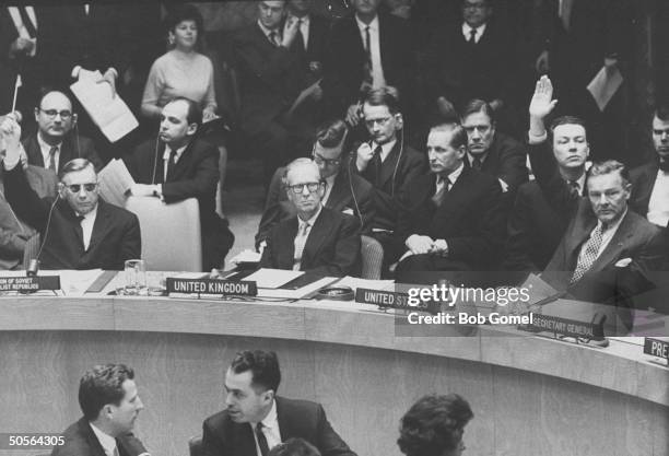 Soviet's Arkady A. Sobolev , Sir Pierson Dixon , and Henry Cabot Lodge Jr. At UN session re Union of S. Africa.