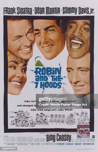 Actors Barbara Rush, Frank Sinatra, Dean Martin, Sammy Davis Jr. And Bing Crosby feature on the poster for the movie 'Robin and the 7 Hoods', 1964.