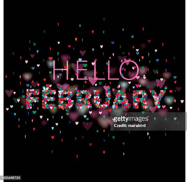 hallo februar bunten herzen schwarzem hintergrund - hello einzelwort stock-grafiken, -clipart, -cartoons und -symbole
