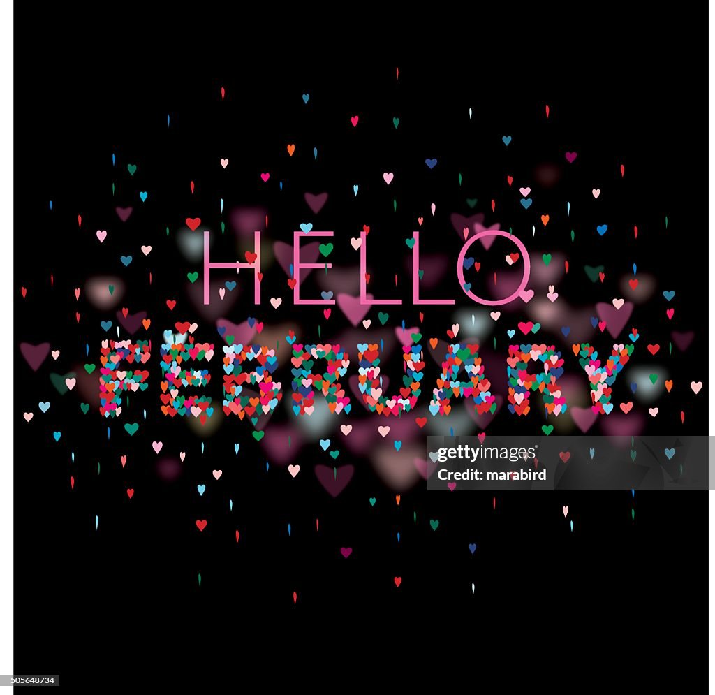 Hello February Colorful Hearts Black Background High-Res Vector Graphic ...