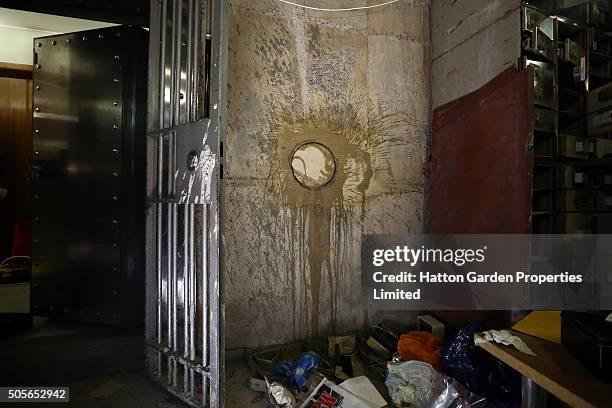 Hole is drilled in the wall used by burglars to access the underground vault of the Hatton Garden Safe Deposit Company which was raided in what has...