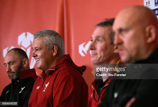 Wales coaches Robin McBryde Warren Gatland, Robert Howley and Shaun Edwards face the media at the 2016 RBS Six Nations squad announcement at the Vale...