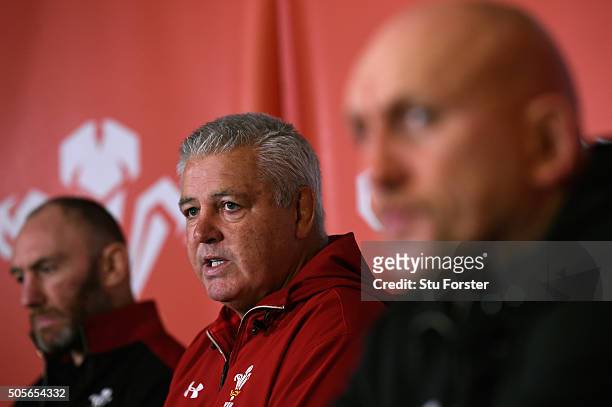 Wales coaches Robin McBryde Warren Gatland, and Shaun Edwards face the media at the 2016 RBS Six Nations squad announcement at the Vale hotel on...
