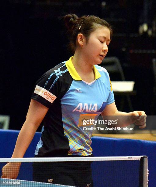 Ai Fukuhara reacts after losing in her 6th round match against Kyoka Kato during day five of the All Japan Table Tennis Championships at the Tokyo...