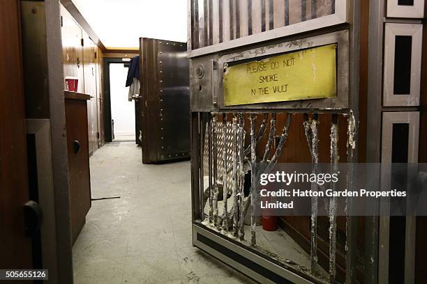 Reinforced door that was broken by a caretaker to recreate the way burglars accessed the underground vault of the Hatton Garden Safe Deposit Company...