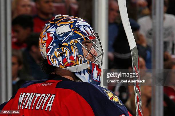 Goaltender Al Montoya of the Florida Panthers looks up ice during second period action against the Edmonton Oilers at the BB&T Center on January 18,...
