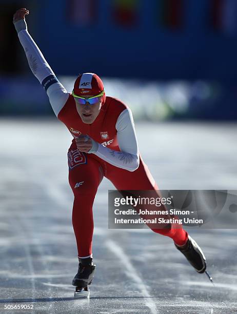 Mateusz Owczarek of Poland participates in the men 1500 m heats during day 1 of ISU speed skating junior world cup at ice rink Pine stadium on...