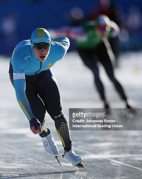 Demyan Gavrilov of Kazakhstan participates in the men 1500 m heats during day 1 of ISU speed skating junior world cup at ice rink Pine stadium on...