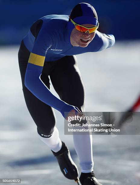 Kaspar Kaljuvee of Estonia participates in the men 1500 m heats during day 1 of ISU speed skating junior world cup at ice rink Pine stadium on...