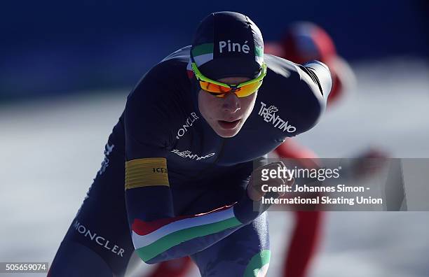 Jeffrey Rosanelli of Italy participates in the men 1500 m heats during day 1 of ISU speed skating junior world cup at ice rink Pine stadium on...