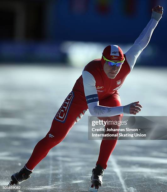 Mateusz Owczarek of Poland participates in the men 1500 m heats during day 1 of ISU speed skating junior world cup at ice rink Pine stadium on...