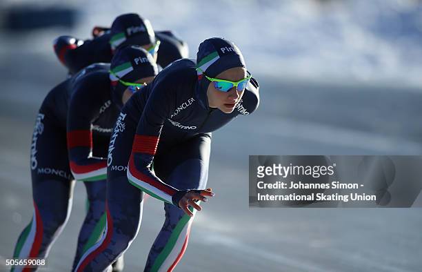 The team of Italy competes in the women team pursuit during day 1 of ISU speed skating junior world cup at ice rink Pine stadium on January 16, 2016...