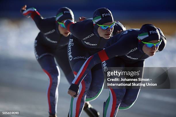 The team of Italy competes in the women team pursuit during day 1 of ISU speed skating junior world cup at ice rink Pine stadium on January 16, 2016...