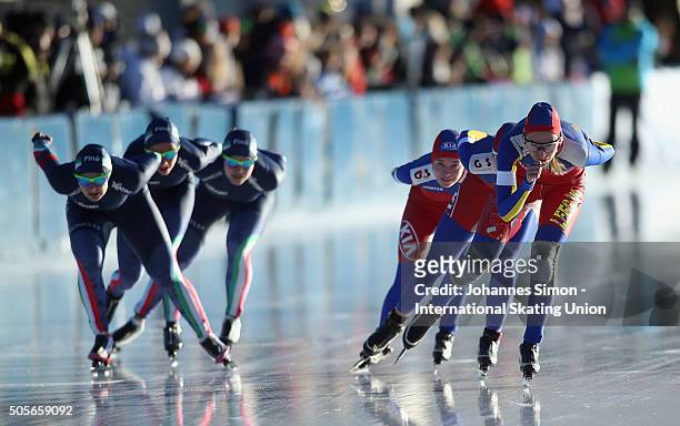 The team of Italy and Romania compete in the women team pursuit during day 1 of ISU speed skating junior world cup at ice rink Pine stadium on...