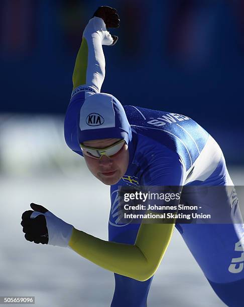 Wilhelm Ekensskar of Sweden participates in the men 1500 m heats during day 1 of ISU speed skating junior world cup at ice rink Pine stadium on...