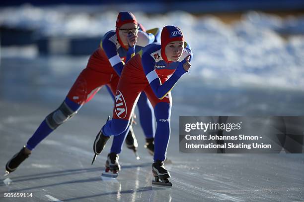 The team of Romania competes in the women team pursuit during day 1 of ISU speed skating junior world cup at ice rink Pine stadium on January 16,...