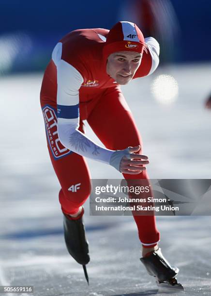 Dawid Burzykowski of Poland participates in the men 1500 m heats during day 1 of ISU speed skating junior world cup at ice rink Pine stadium on...