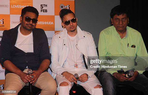 Bollywood music composers Mithoon and Parichay with lyricist Sayeed Quadri during the trailer launch of film Loveshhuda on January 6, 2016 in Mumbai,...