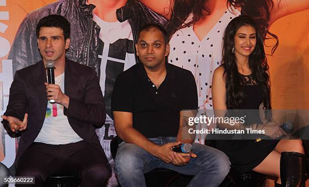 Bollywood actors Girish Kumar Taurani and Navneet Kaur Dhillon with director Vaibhav Misra during the trailer launch of film Loveshhuda on January 6,...